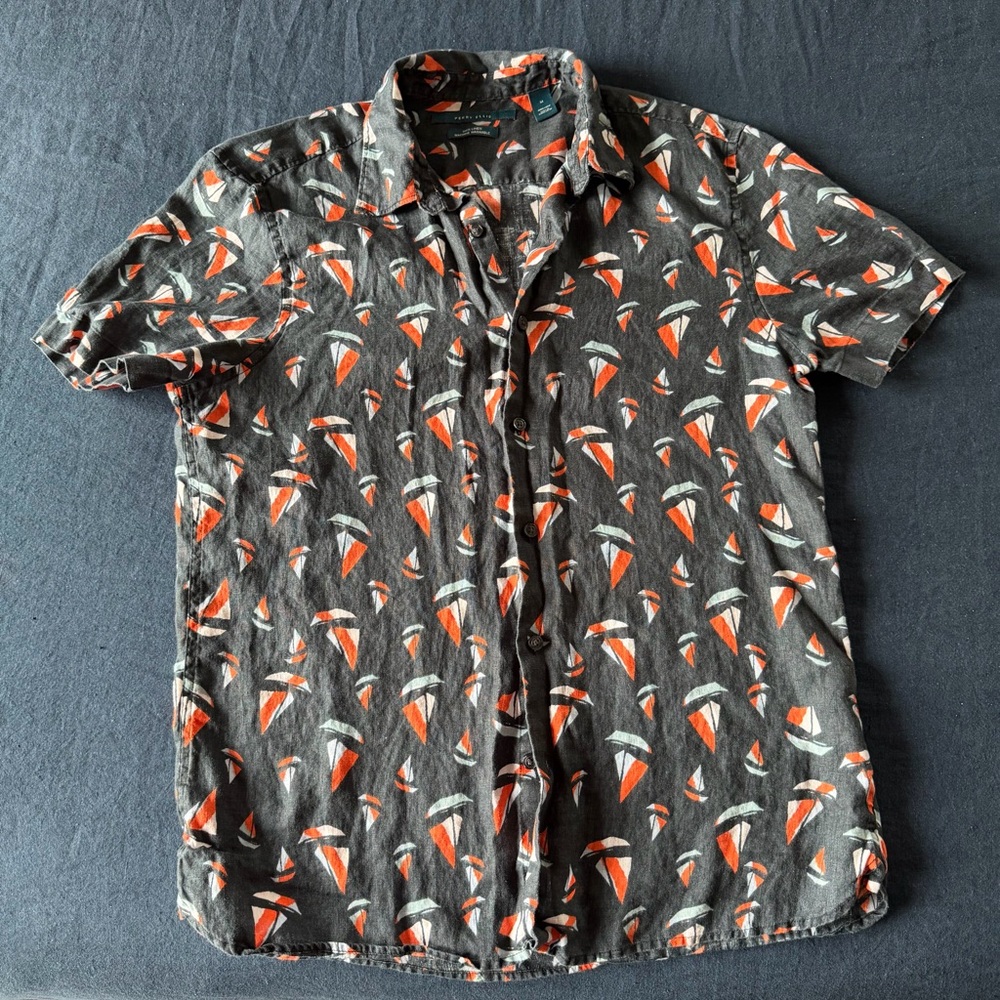 Perry Ellis Navy Sailboat Motif Linen Shirt